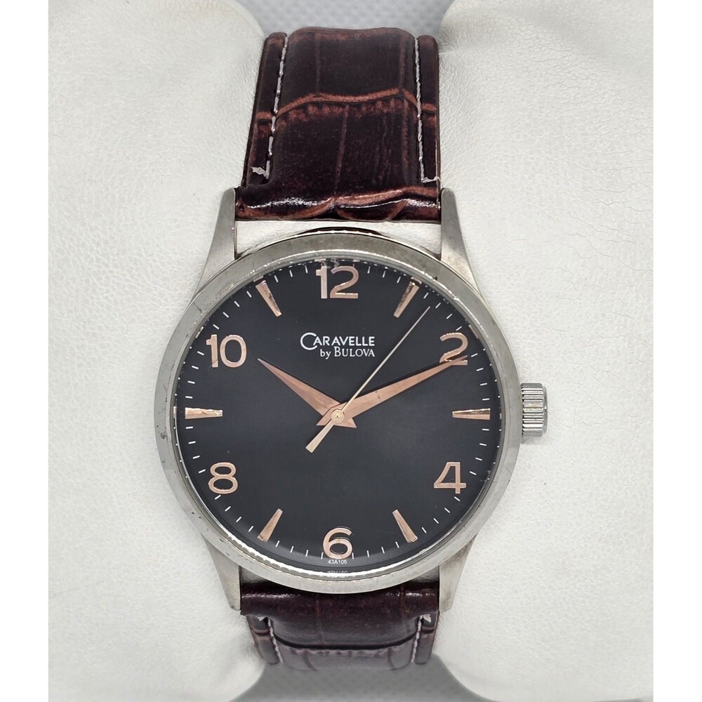 Men's Caravelle New York by Bulova Black Dial Brown Leather Strap Watch 13